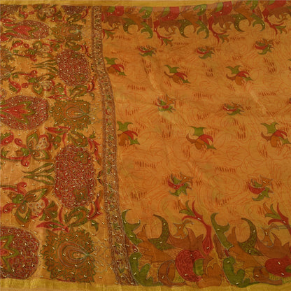 Sanskriti Vintage Saffron Saree Art Silk Indian Zari Hand Bead Sari 5+YD Fabric
