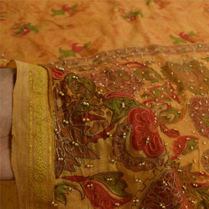 Sanskriti Vintage Saffron Saree Art Silk Indian Zari Hand Bead Sari 5+YD Fabric