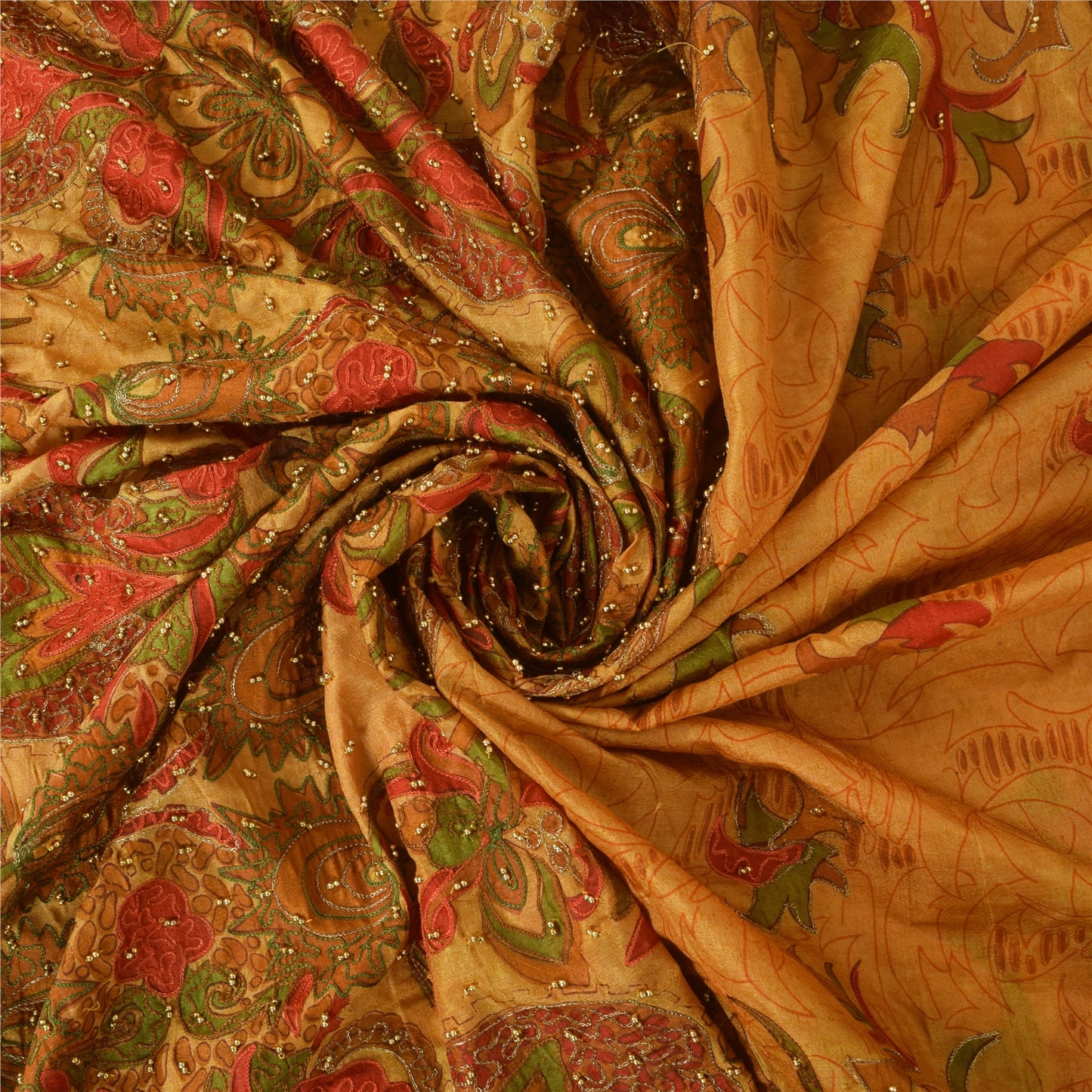 Sanskriti Vintage Saffron Saree Art Silk Indian Zari Hand Bead Sari 5+YD Fabric