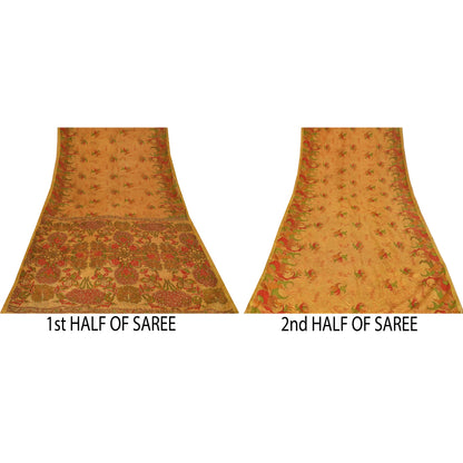 Sanskriti Vintage Saffron Saree Art Silk Indian Zari Hand Bead Sari 5+YD Fabric