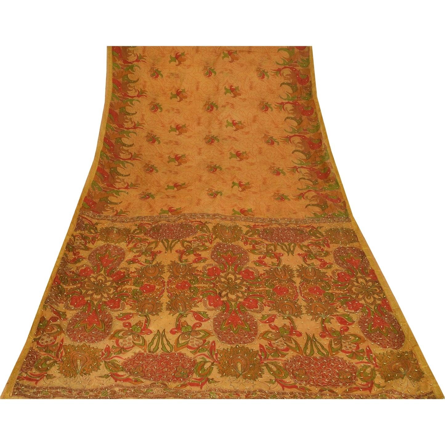 Sanskriti Vintage Saffron Saree Art Silk Indian Zari Hand Bead Sari 5+YD Fabric
