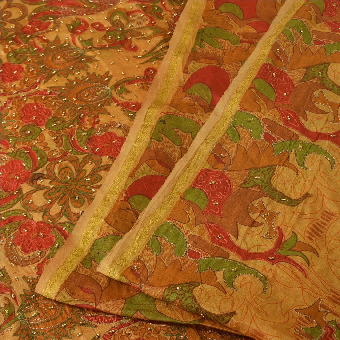Sanskriti Vintage Saffron Saree Art Silk Indian Zari Hand Bead Sari 5+YD Fabric