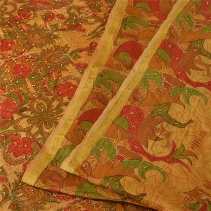 Sanskriti Vintage Saffron Saree Art Silk Indian Zari Hand Bead Sari 5+YD Fabric