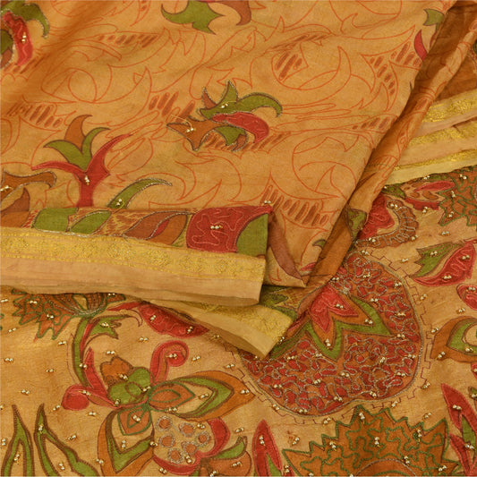 Sanskriti Vintage Saffron Saree Art Silk Indian Zari Hand Bead Sari 5+YD Fabric