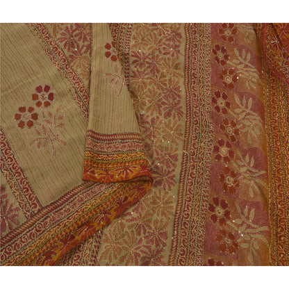 Vintage Cream Saree Art Silk Hand Embroidered Kantha Craft 5 Yd Fabric Sari