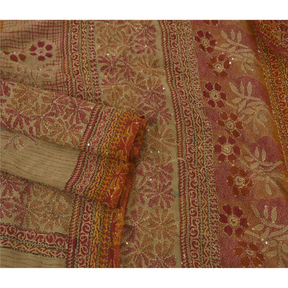 Vintage Cream Saree Art Silk Hand Embroidered Kantha Craft 5 Yd Fabric Sari