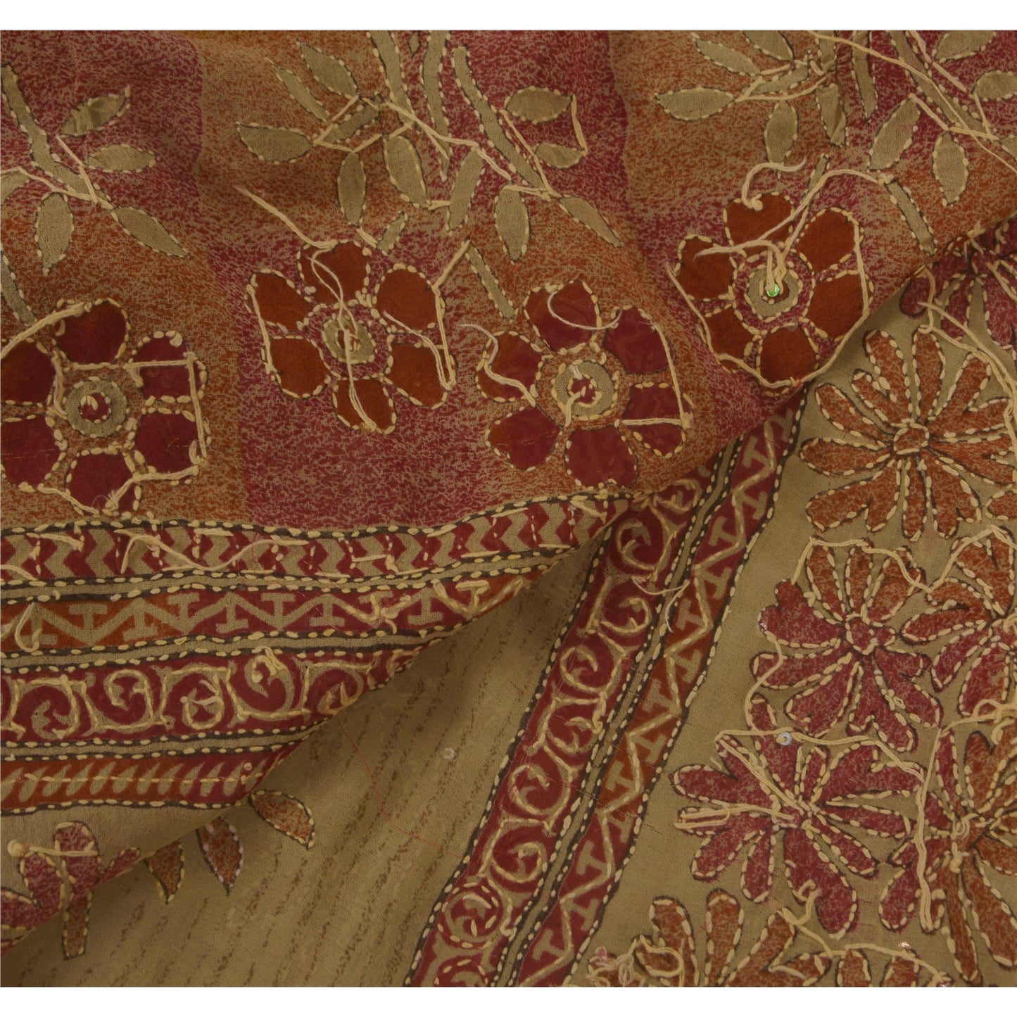 Vintage Cream Saree Art Silk Hand Embroidered Kantha Craft 5 Yd Fabric Sari