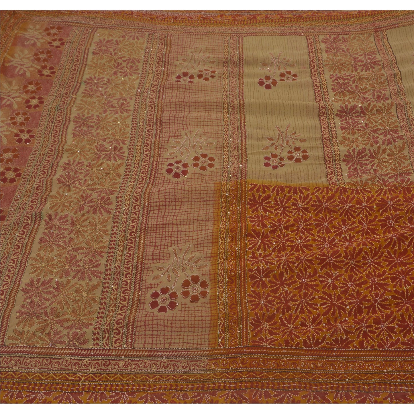 Vintage Cream Saree Art Silk Hand Embroidered Kantha Craft 5 Yd Fabric Sari
