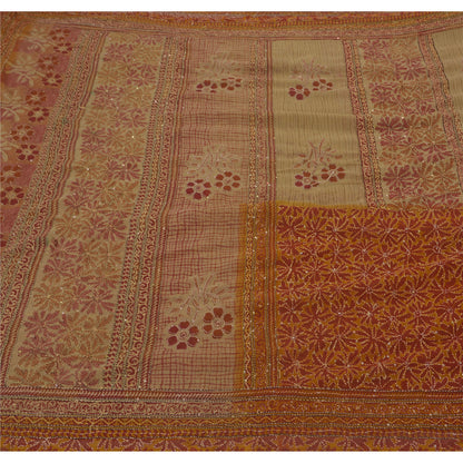 Vintage Cream Saree Art Silk Hand Embroidered Kantha Craft 5 Yd Fabric Sari