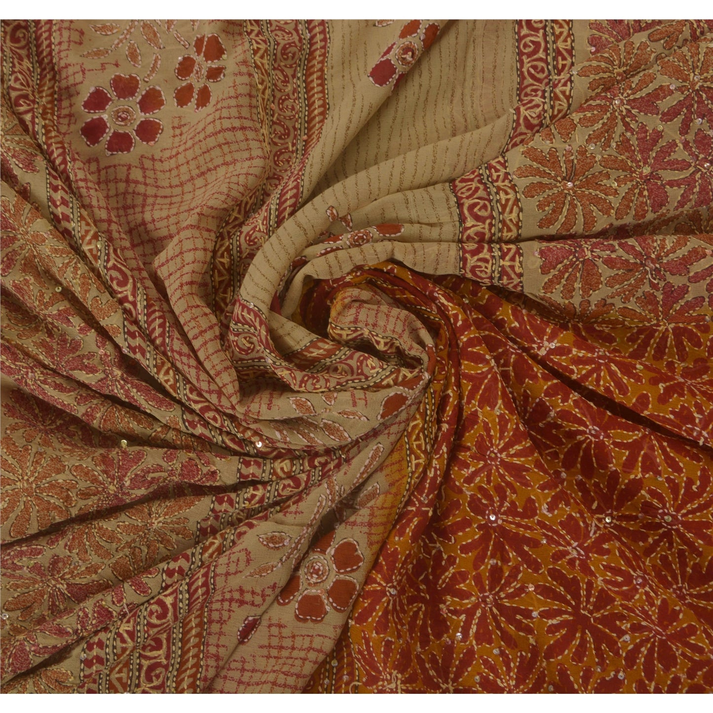 Vintage Cream Saree Art Silk Hand Embroidered Kantha Craft 5 Yd Fabric Sari