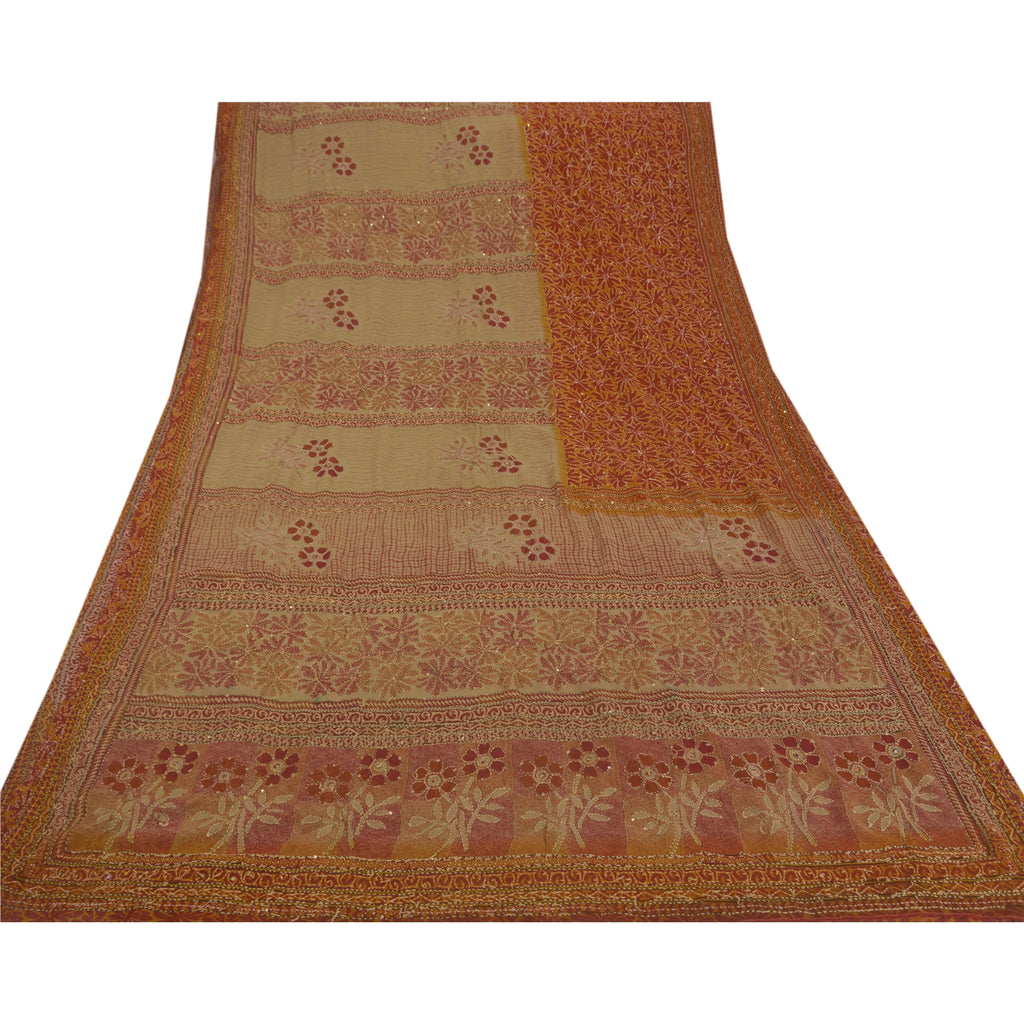 Vintage Cream Saree Art Silk Hand Embroidered Kantha Craft 5 Yd Fabric Sari