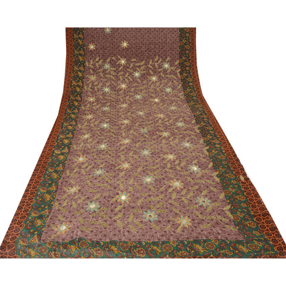 Sanskriti Vintage Purple Sarees Georgette Embroidered Printed Fabric Craft Sari