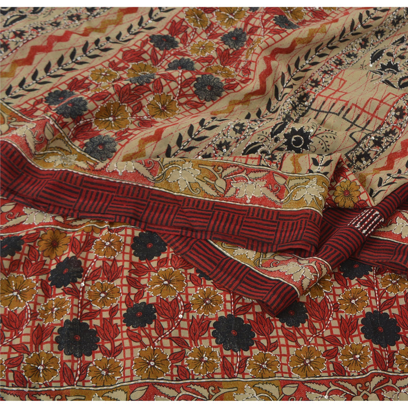 Sanskriti Vintage Art Silk Kantha Sari: Hand Beaded Bengal Floral Craft Fabric (5yd) Add-Elegance to Table Linen, Curtains, or Cushions