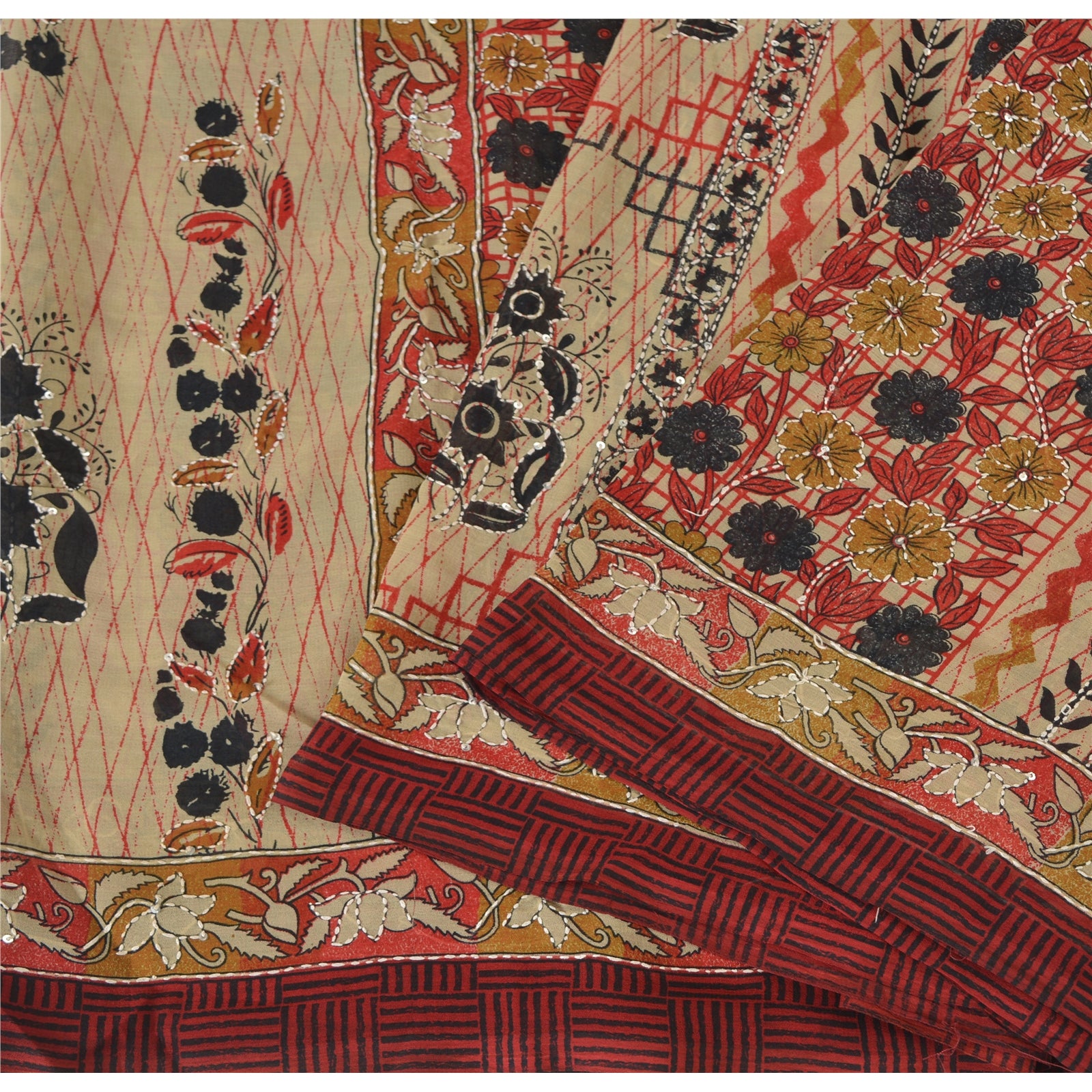 Sanskriti Vintage Sarees Art Silk Hand Beaded Kantha Premium Sari Craft Fabric