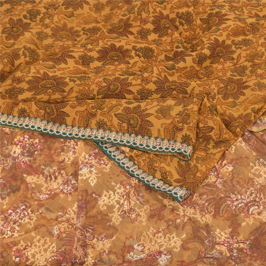 Sanskriti Vintage Embroidered Pure Georgette Silk Sari - Mustard Yellow Floral Fabric Uses--Crafts Sewing Patchwork Home Decor, Bag Making, Etc
