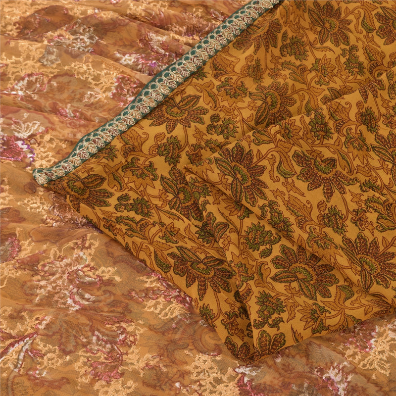 Sanskriti Vintage Embroidered Pure Georgette Silk Sari - Mustard Yellow Floral Fabric Uses--Crafts Sewing Patchwork Home Decor, Bag Making, Etc
