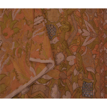 Vintage Brown Saree Art Silk Hand Beads Fabric Craft Premium 5 YD Sari