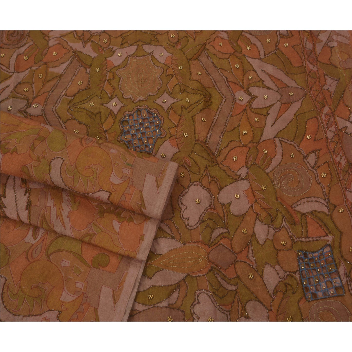 Vintage Brown Saree Art Silk Hand Beads Fabric Craft Premium 5 YD Sari