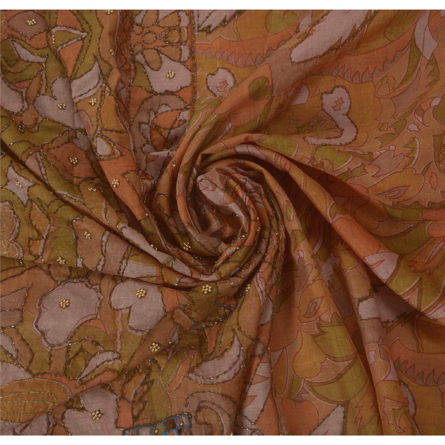 Vintage Brown Saree Art Silk Hand Beads Fabric Craft Premium 5 YD Sari