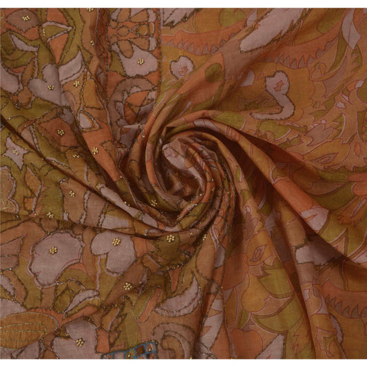 Vintage Brown Saree Art Silk Hand Beads Fabric Craft Premium 5 YD Sari