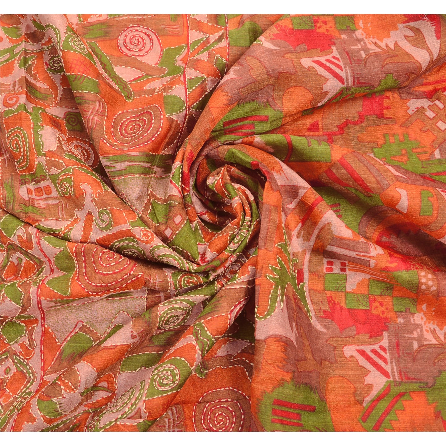 Sanskriti Vintage Sarees Art Silk Hand Embroidery Kantha Sari Peach Craft Fabric