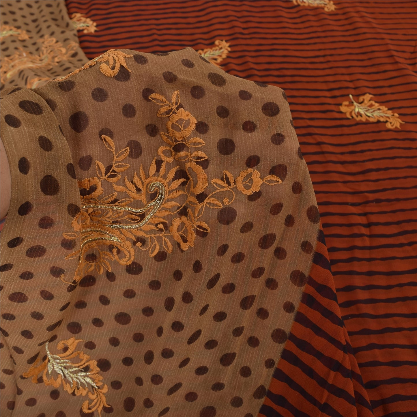 Sanskriti Vintage Red/Brown Sarees Georgette Embroidered Premium Sari 5yd Fabric