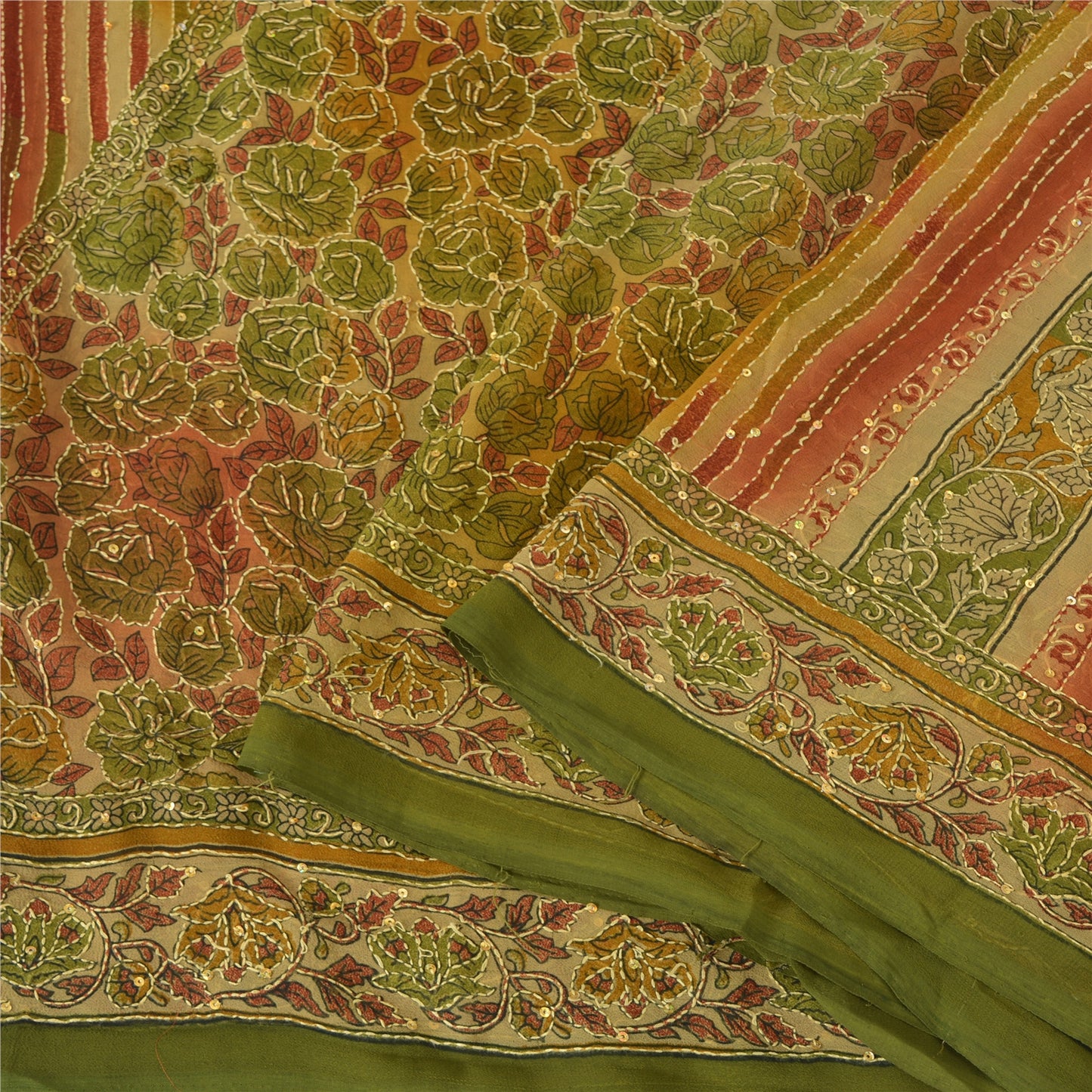 Sanskriti Vintage Sarees Art Silk Hand Beaded Kantha Premium Sari Craft Fabric