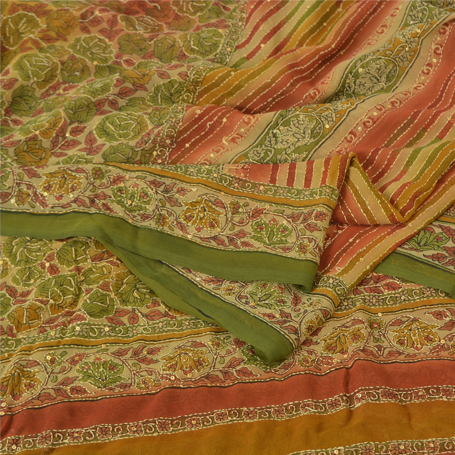 Sanskriti Vintage Sarees Art Silk Hand Beaded Kantha Premium Sari Craft Fabric