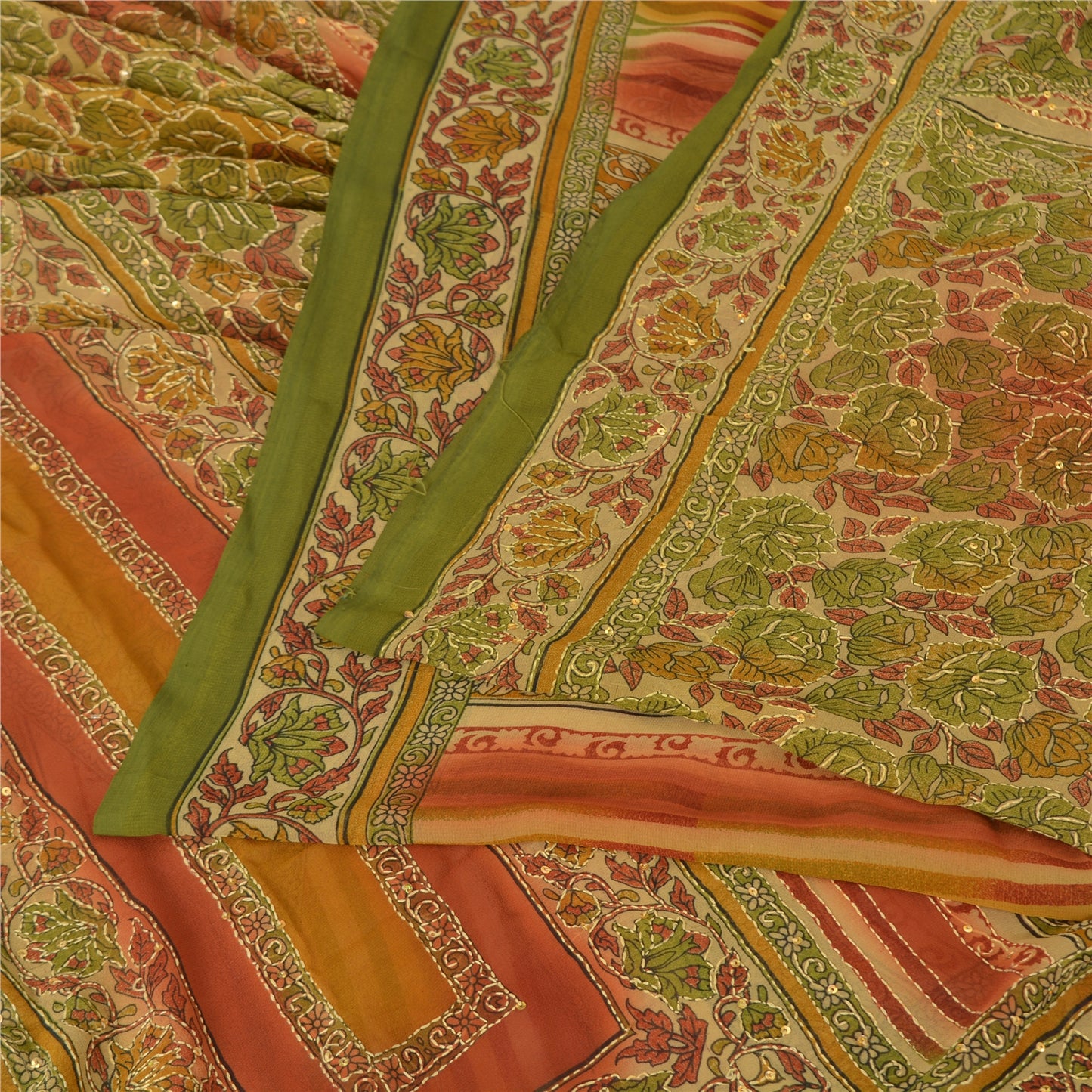 Sanskriti Vintage Sarees Art Silk Hand Beaded Kantha Premium Sari Craft Fabric