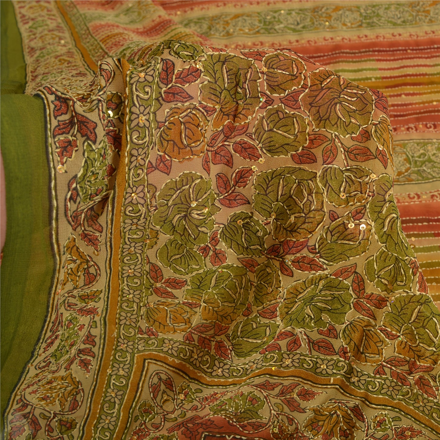 Sanskriti Vintage Sarees Art Silk Hand Beaded Kantha Premium Sari Craft Fabric