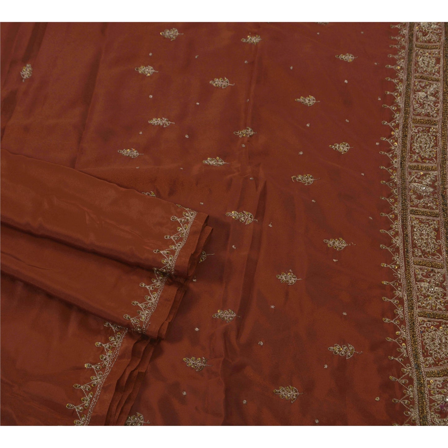 Sanskriti Vintage Brown Sarees Art Silk Hand Beaded 5 YD Sari Fabric Craft