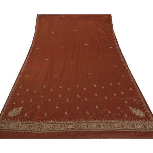 Sanskriti Vintage Brown Sarees Art Silk Hand Beaded 5 YD Sari Fabric Craft