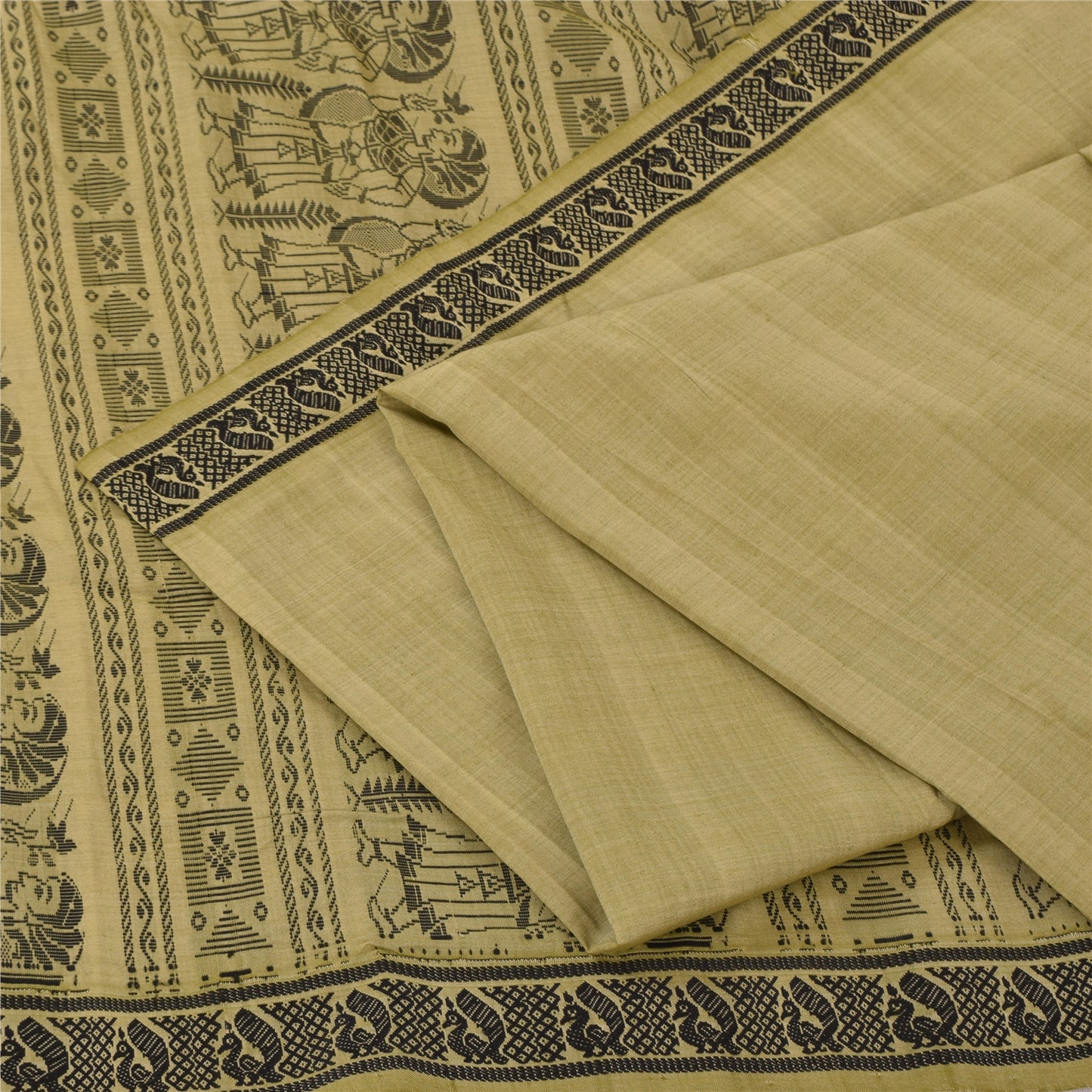 Sanskriti Vintage Sari Blend Silk Sage Green Saree Baluchari Woven 5yd Craft Fabric Crafters & Upcyclers, Indian Eco-Friendly Fabric