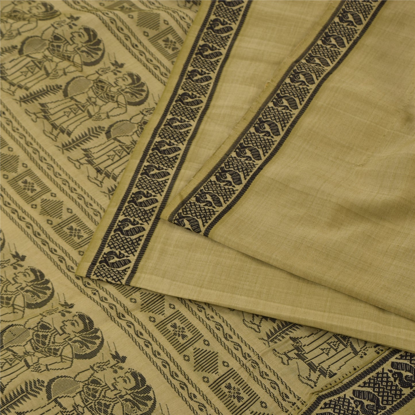 Sanskriti Vintage Sari Blend Silk Sage Green Saree Baluchari Woven 5yd Craft Fabric Crafters & Upcyclers, Indian Eco-Friendly Fabric