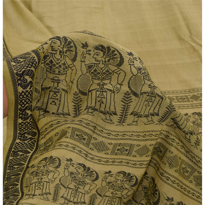 Sanskriti Vintage Sari Blend Silk Sage Green Saree Baluchari Woven 5yd Craft Fabric Crafters & Upcyclers, Indian Eco-Friendly Fabric