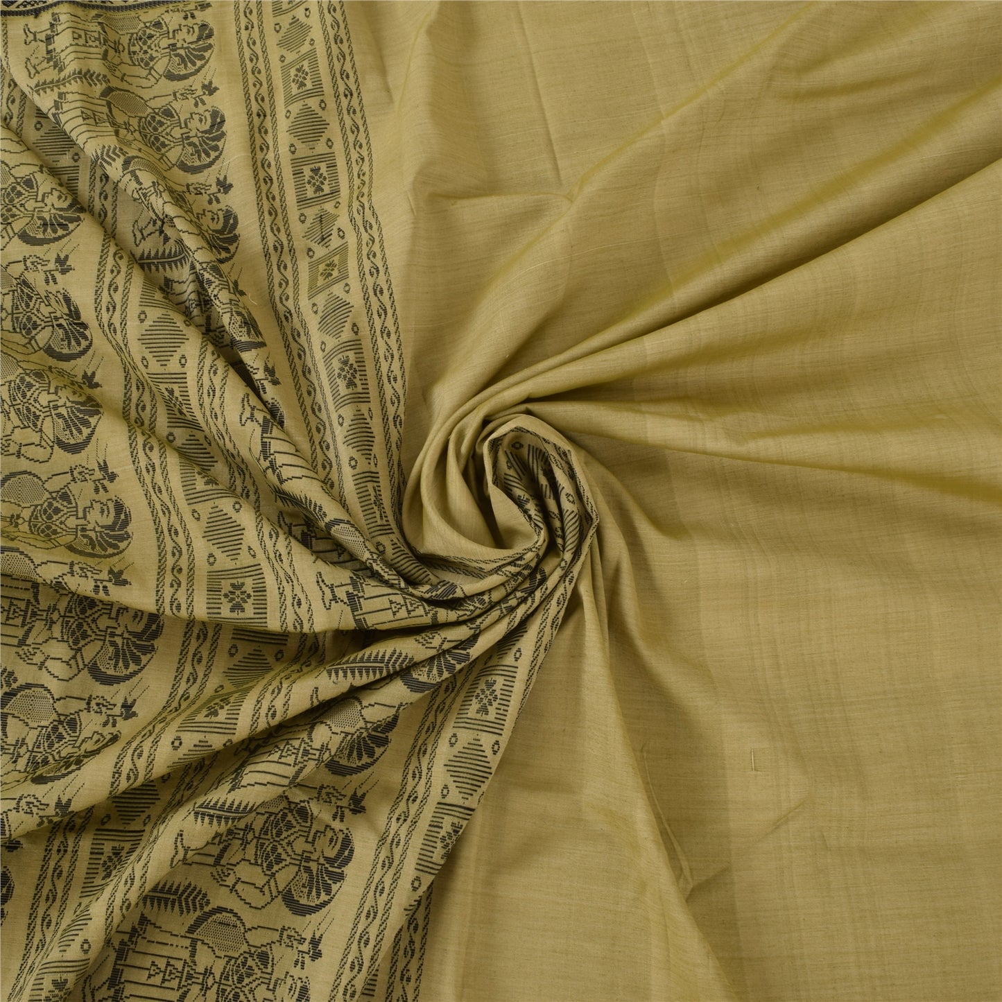 Sanskriti Vintage Sari Blend Silk Sage Green Saree Baluchari Woven 5yd Craft Fabric Crafters & Upcyclers, Indian Eco-Friendly Fabric