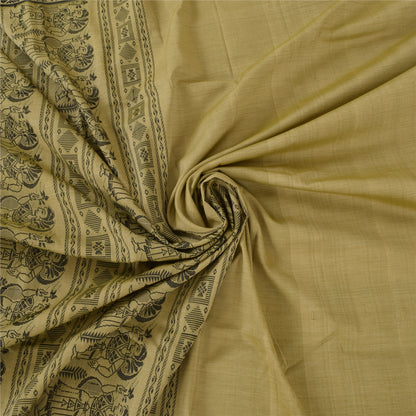 Sanskriti Vintage Sari Blend Silk Sage Green Saree Baluchari Woven 5yd Craft Fabric Crafters & Upcyclers, Indian Eco-Friendly Fabric