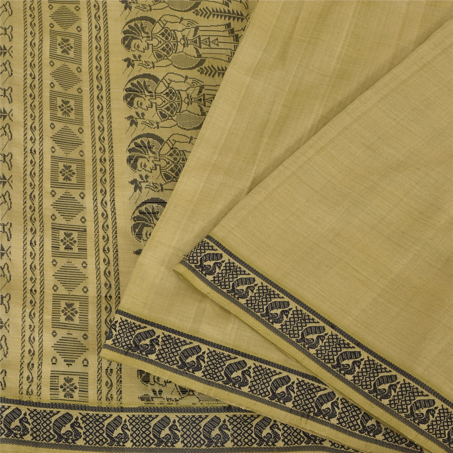 Sanskriti Vintage Sari Blend Silk Sage Green Saree Baluchari Woven 5yd Craft Fabric Crafters & Upcyclers, Indian Eco-Friendly Fabric