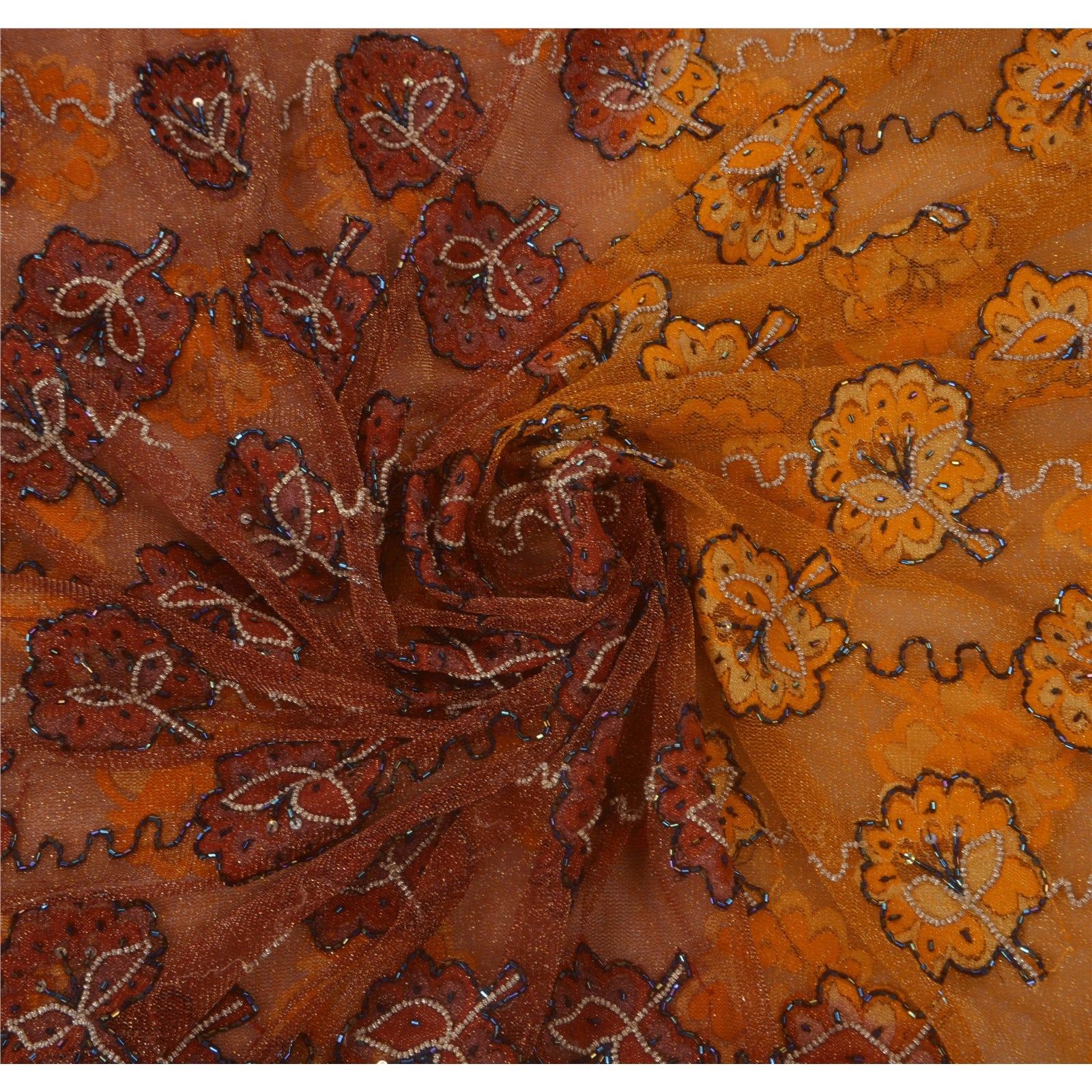 Sanskriti Vintage Orange Sarees Net Mesh Hand Beaded Craft Fabric Cultural Sari