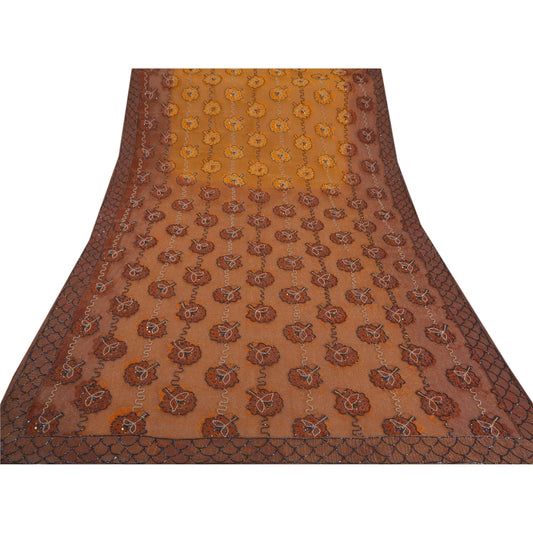 Sanskriti Vintage Orange Sarees Net Mesh Hand Beaded Craft Fabric Cultural Sari