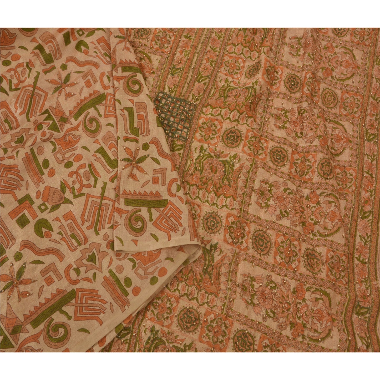 Sanskriti Vintage Cream Sarees Art Silk Hand Beaded Printed Fabric Sari Craft
