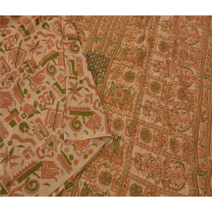 Sanskriti Vintage Cream Sarees Art Silk Hand Beaded Printed Fabric Sari Craft