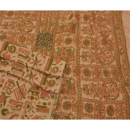 Sanskriti Vintage Cream Sarees Art Silk Hand Beaded Printed Fabric Sari Craft