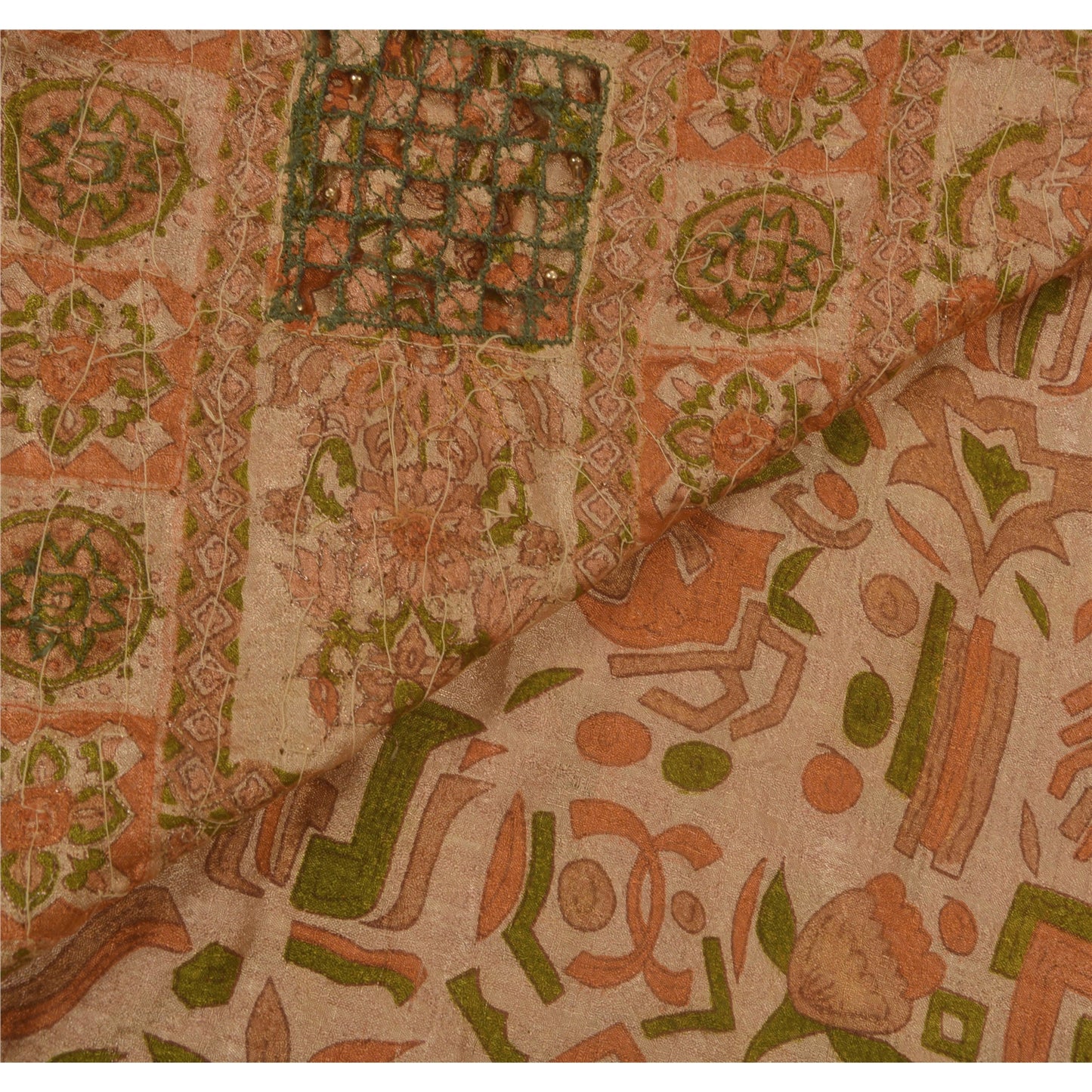 Sanskriti Vintage Cream Sarees Art Silk Hand Beaded Printed Fabric Sari Craft