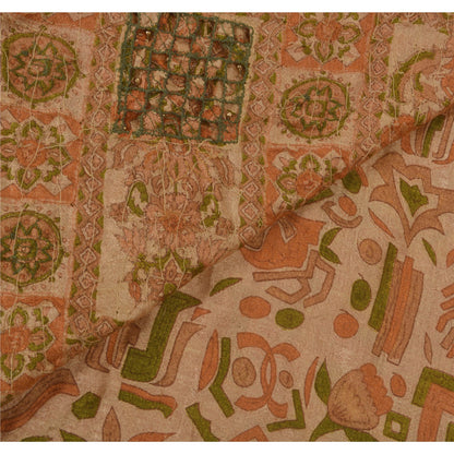 Sanskriti Vintage Cream Sarees Art Silk Hand Beaded Printed Fabric Sari Craft