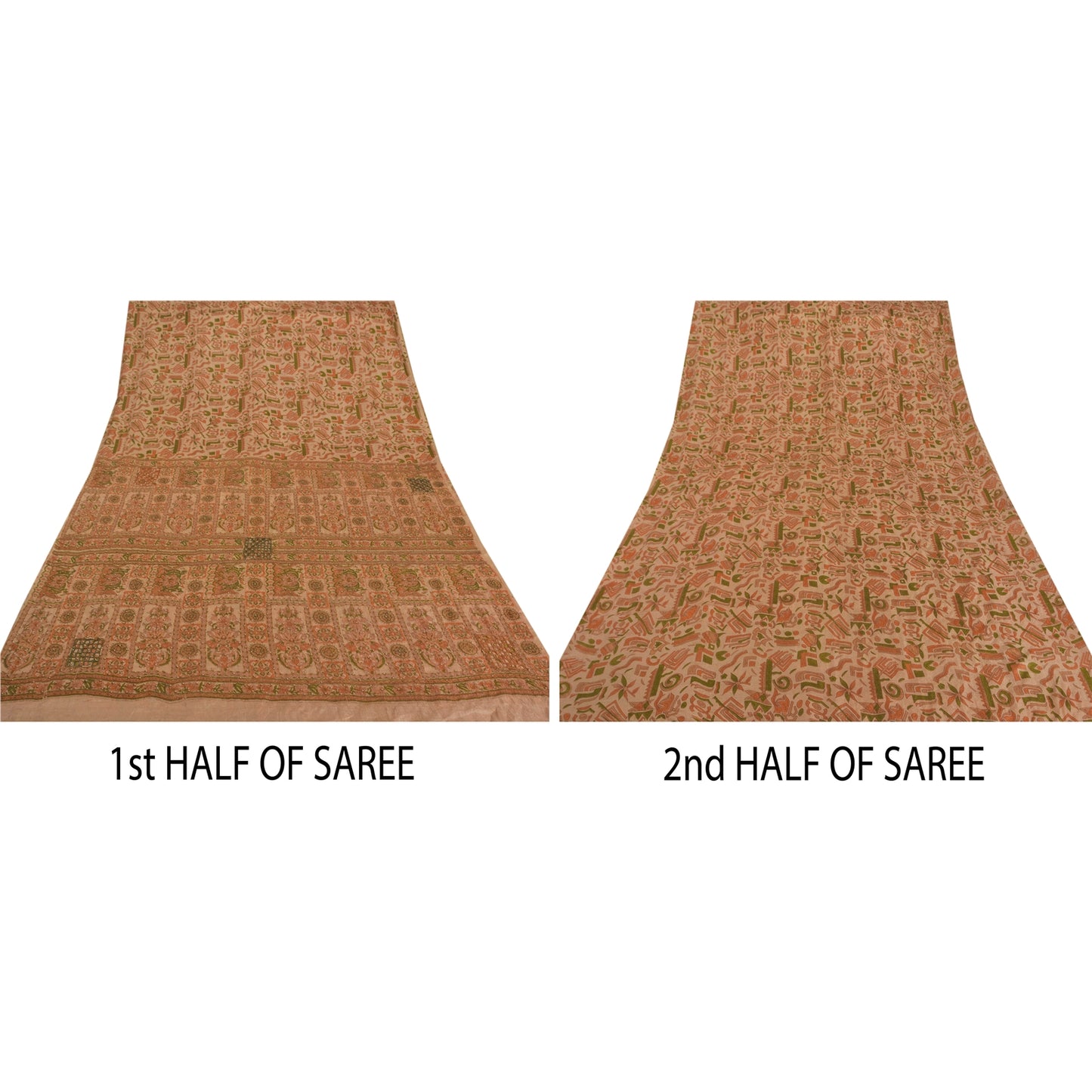 Sanskriti Vintage Cream Sarees Art Silk Hand Beaded Printed Fabric Sari Craft