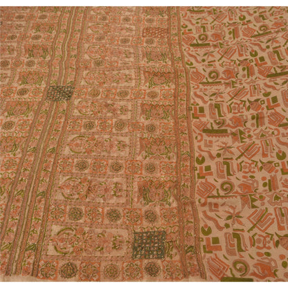 Sanskriti Vintage Cream Sarees Art Silk Hand Beaded Printed Fabric Sari Craft