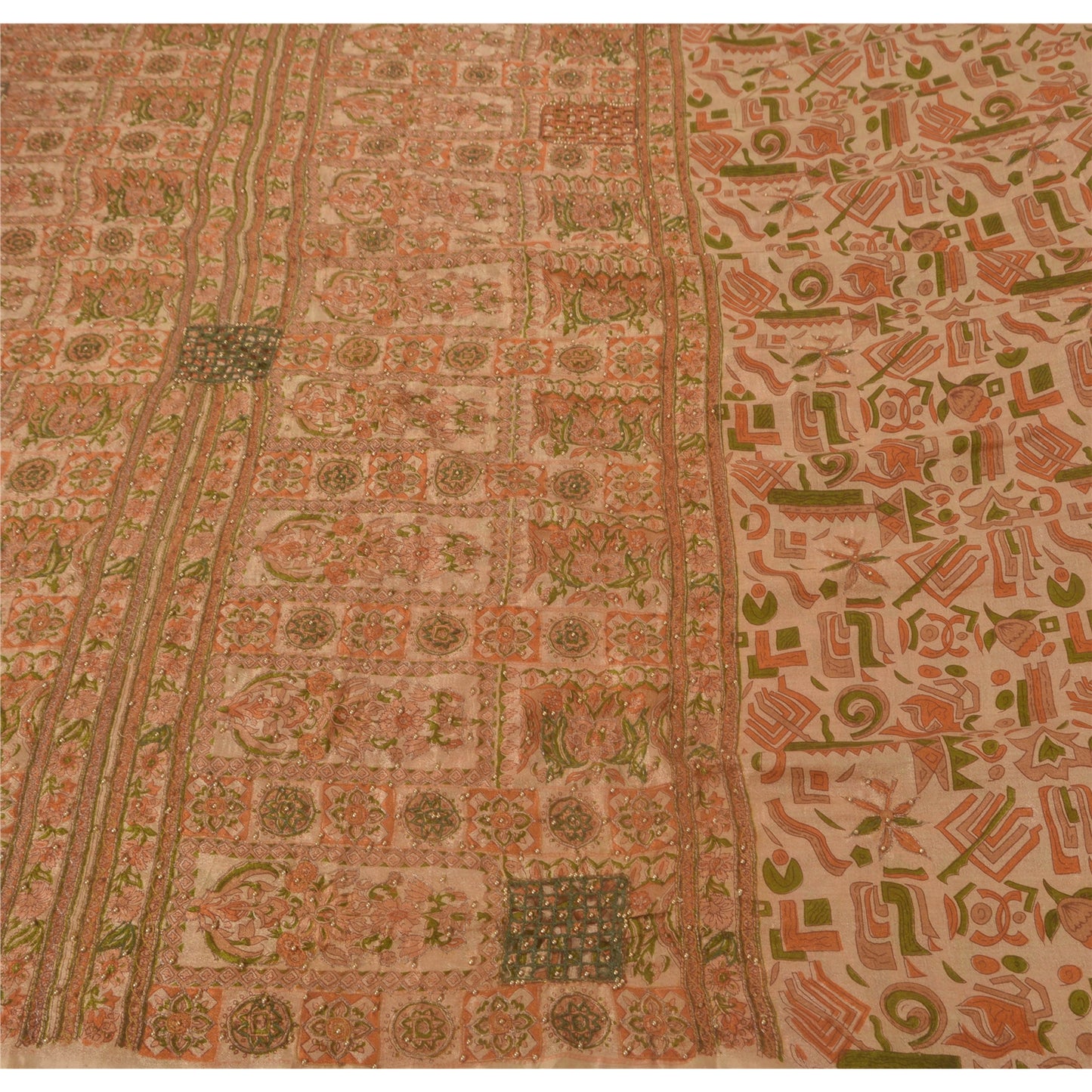 Sanskriti Vintage Cream Sarees Art Silk Hand Beaded Printed Fabric Sari Craft