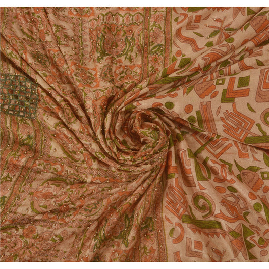 Sanskriti Vintage Cream Sarees Art Silk Hand Beaded Printed Fabric Sari Craft
