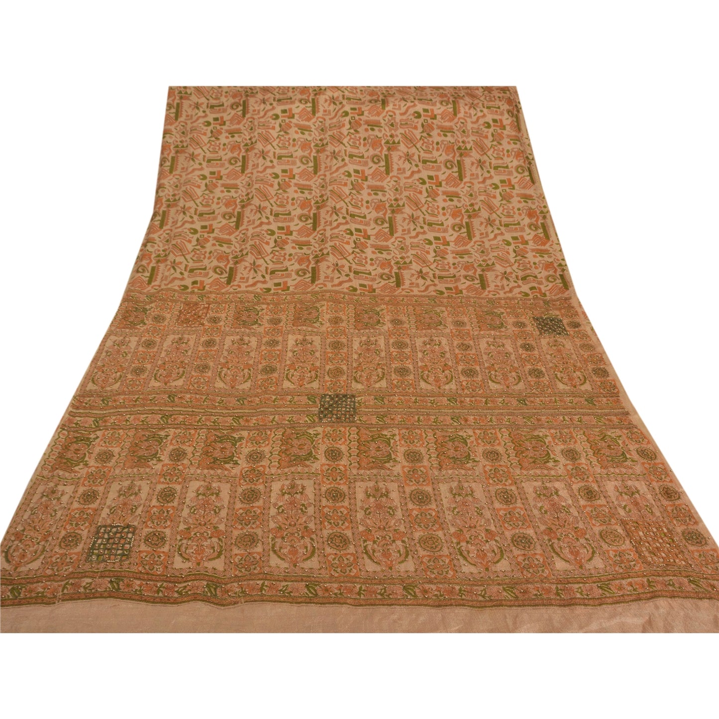 Sanskriti Vintage Cream Sarees Art Silk Hand Beaded Printed Fabric Sari Craft